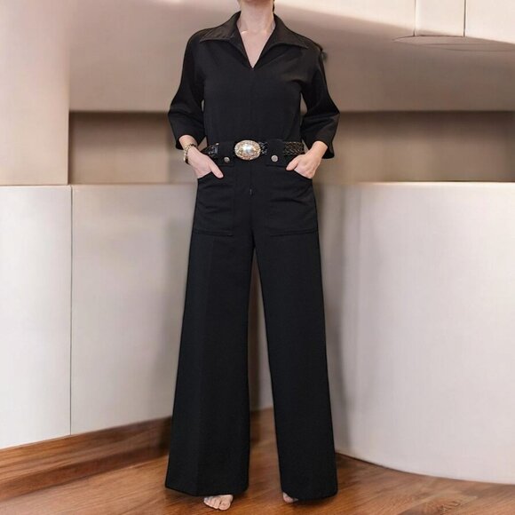 70s Womens Jumpsuit Black Wide Leg Zipup Polyester Disco Bellbottom Sz M 8 10 - Picture 4 of 12